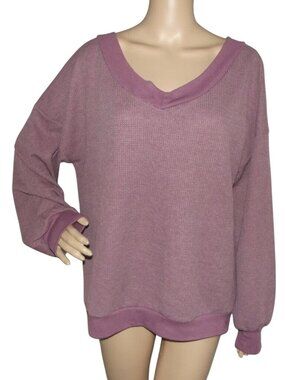 Waffle Knit Shirt Womens Size Large Mauve Pink v-neck thermal long sleeve